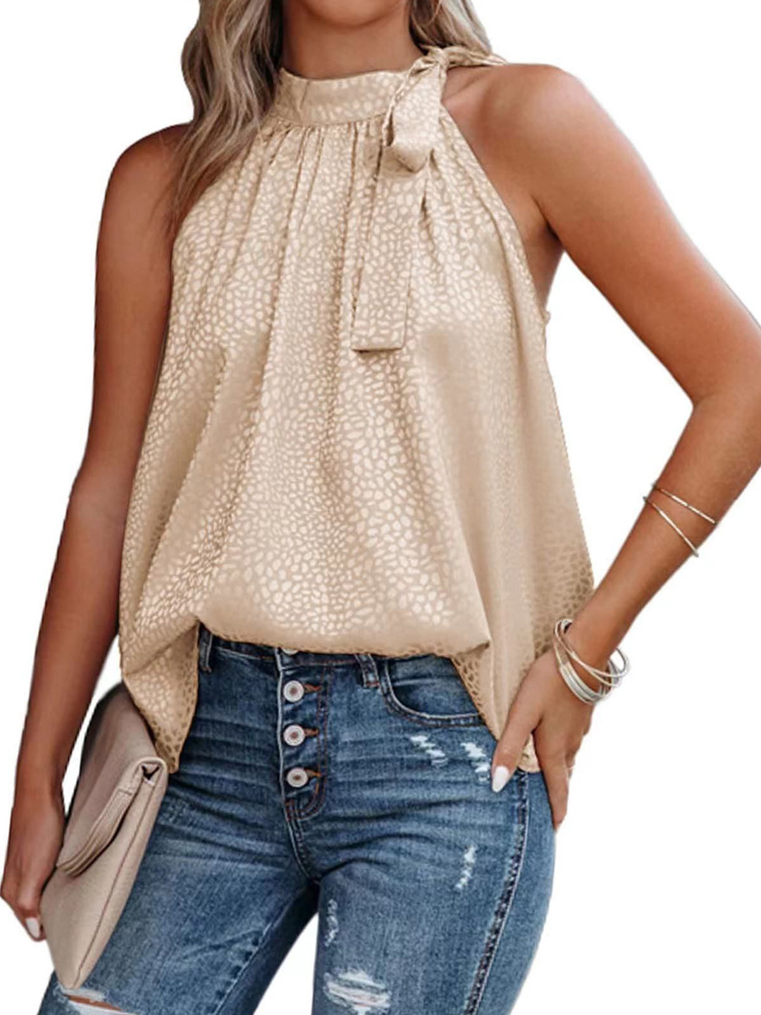 

StyleCast Leopard Print Tie-Up Neck Blouson Top, Beige