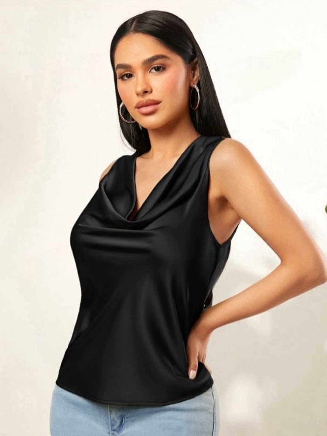 

StyleCast Cowl Neck Satin Top, Black