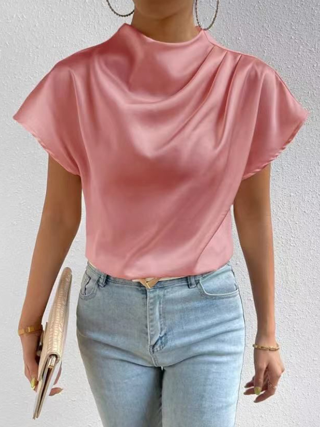 

StyleCast Women Solid Pink Halter Neck Extended Sleeves Satin Top