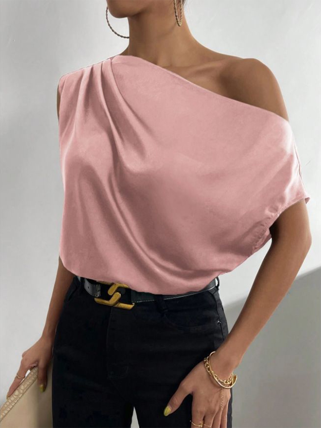 

StyleCast Women Pink One Shoulder Extended Sleeves Satin Top