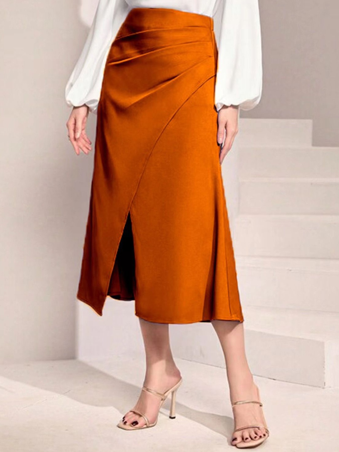 

StyleCast Pleated Satin Midi A-Line Skirts, Rust