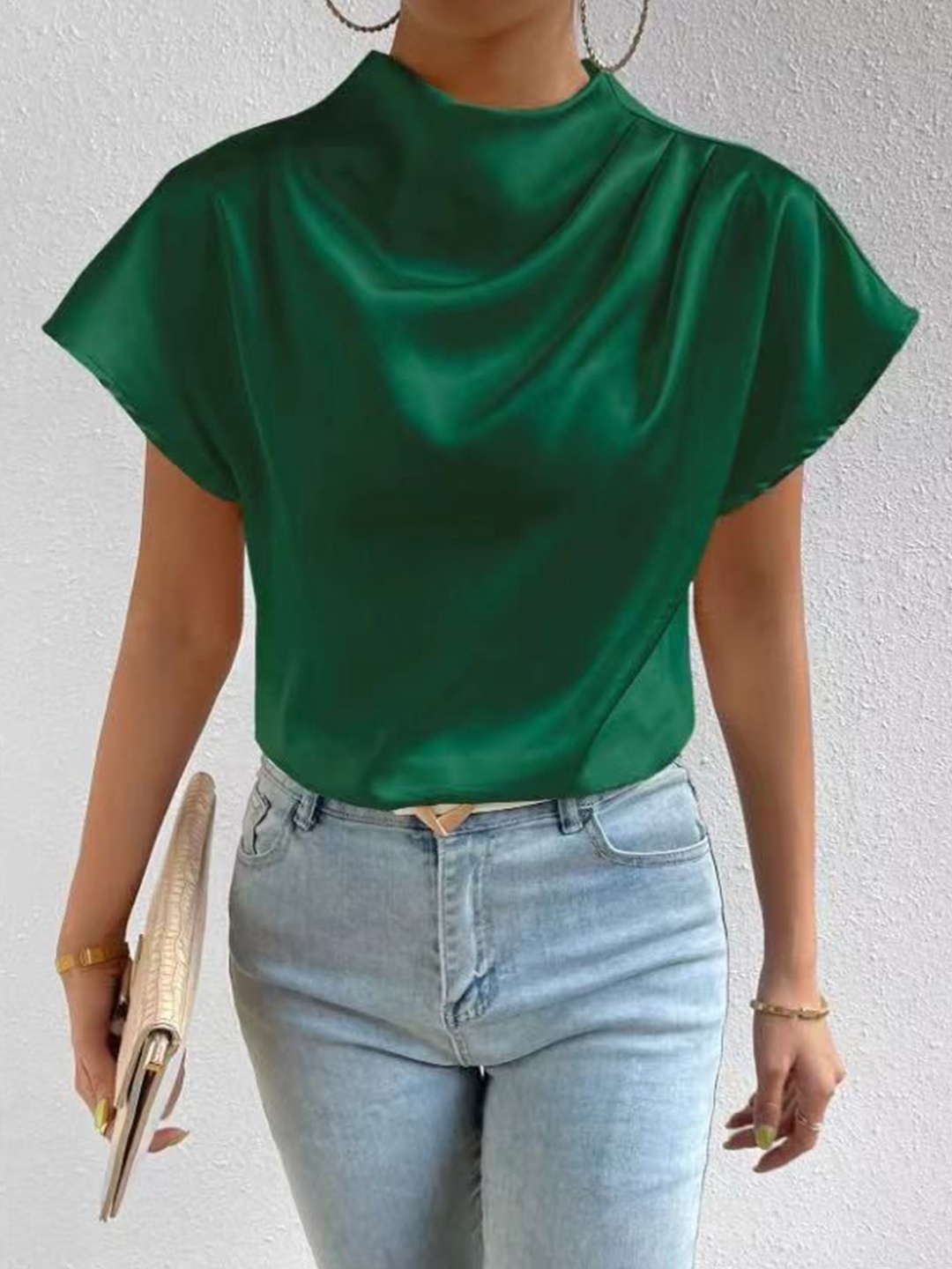 

StyleCast cowl neck cap sleeves sheen top, Green