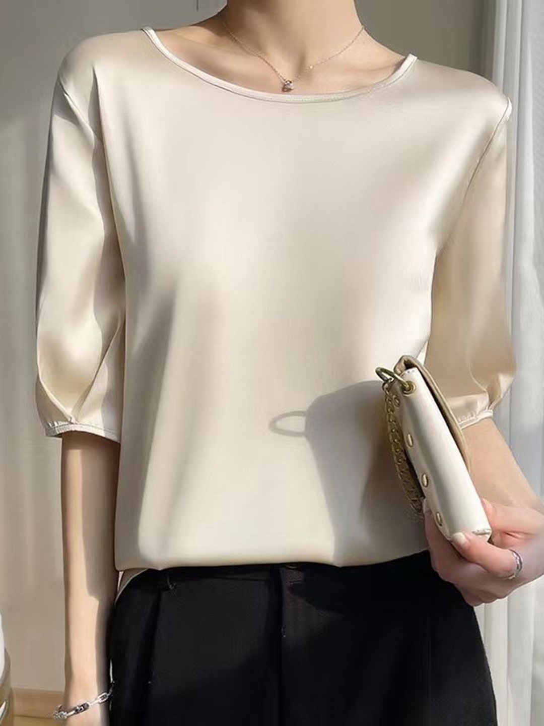 

StyleCast Women Solid Beige Round Neck Satin Top