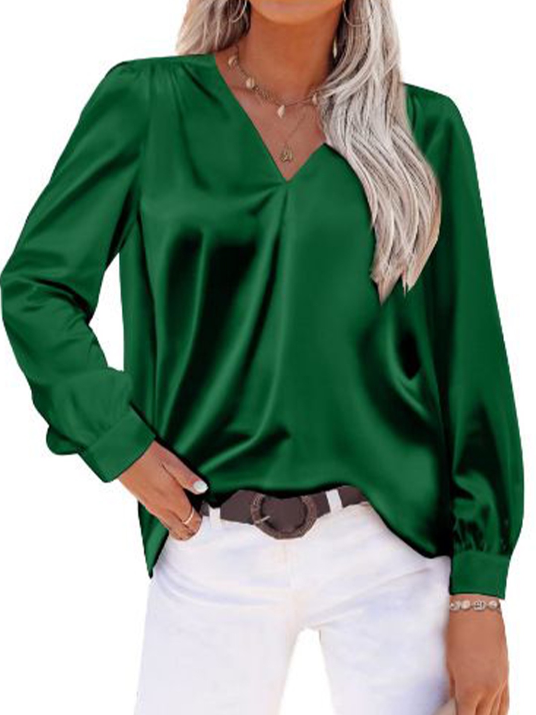 

StyleCast V-Neck cuffed sleeves solid Top, Green