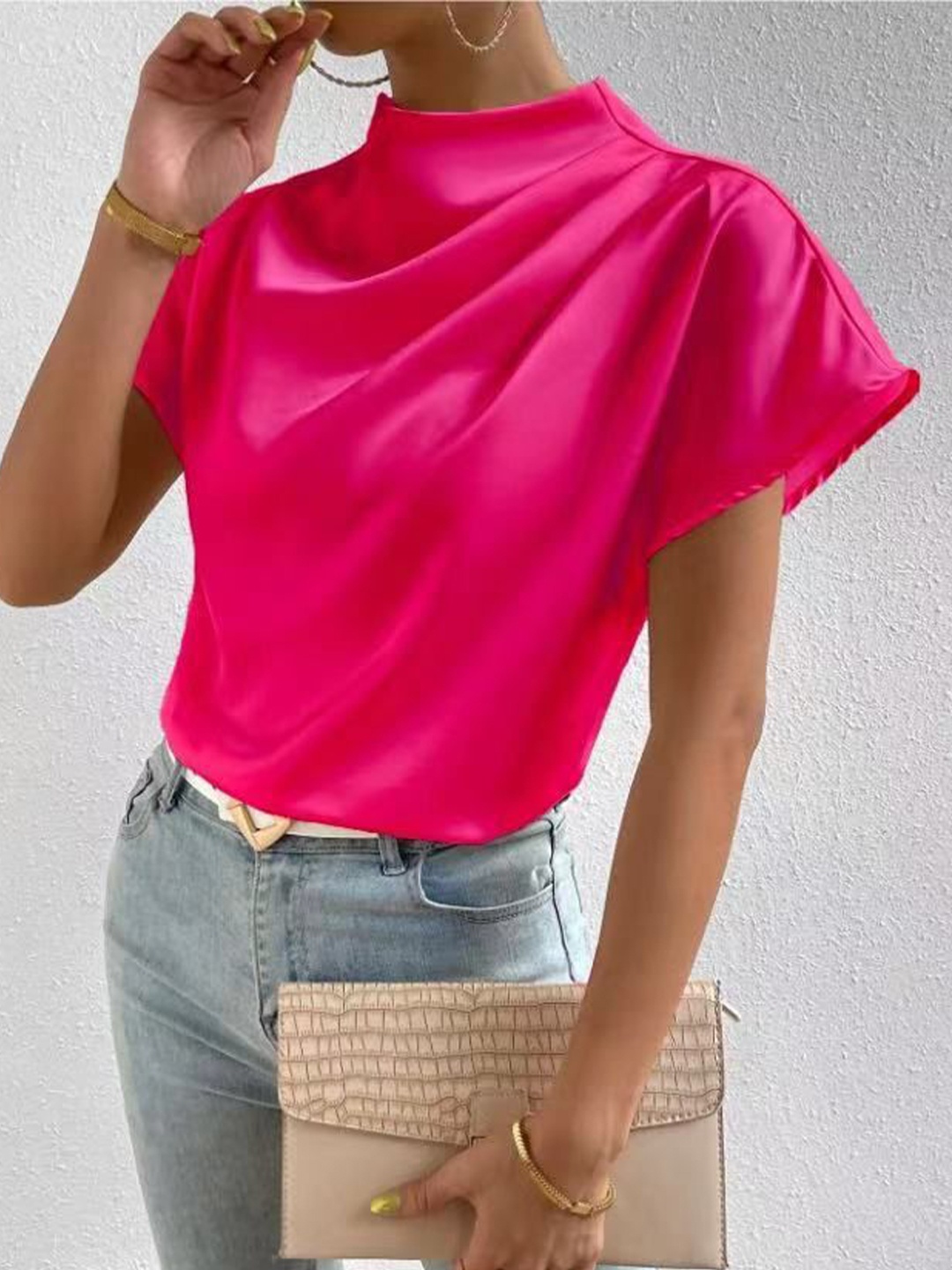 

StyleCast Women Solid Pink Halter Neck Extended Sleeves Satin Top