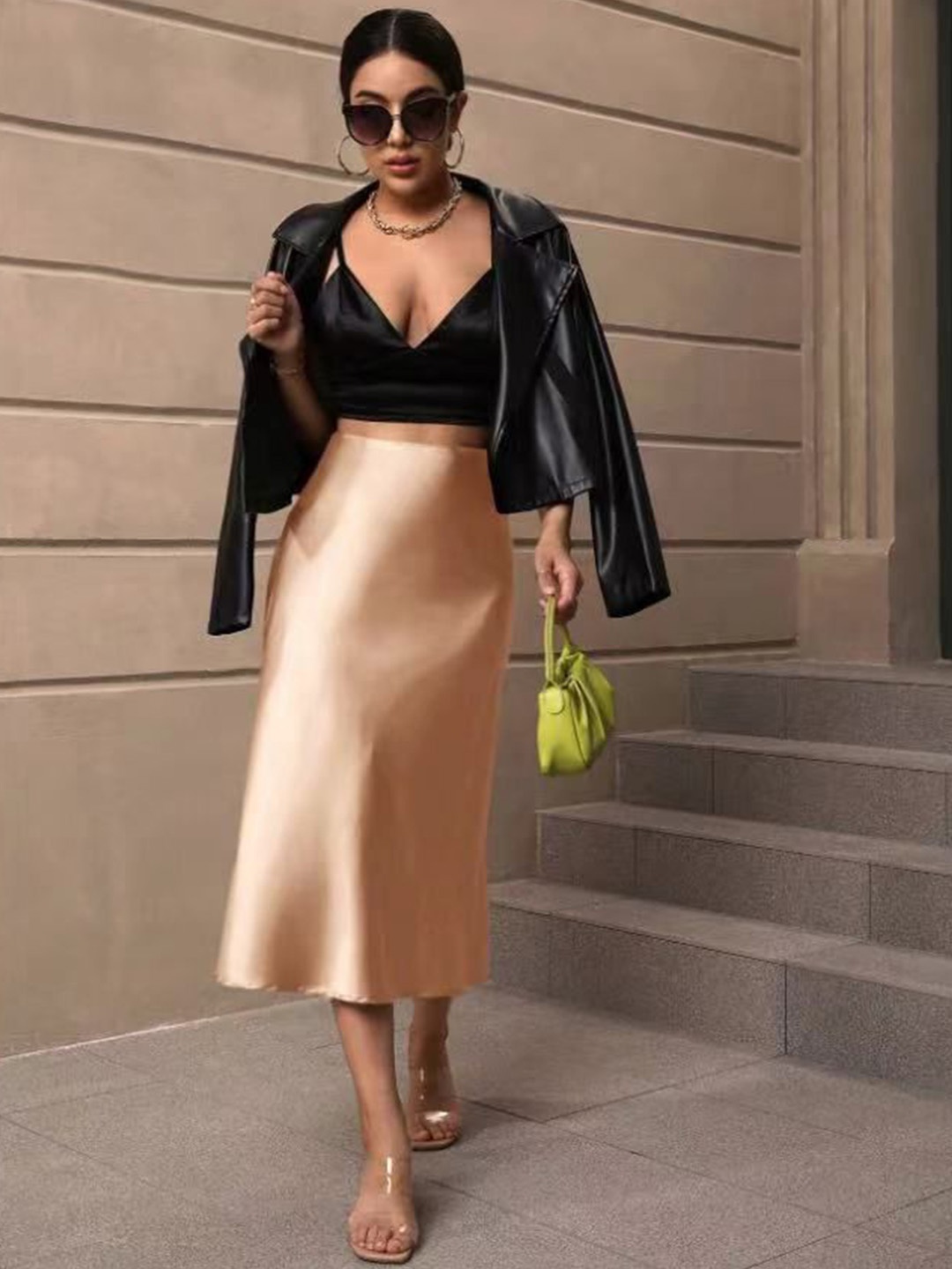 

StyleCast Knee Length Satin A-Line Skirts, Gold