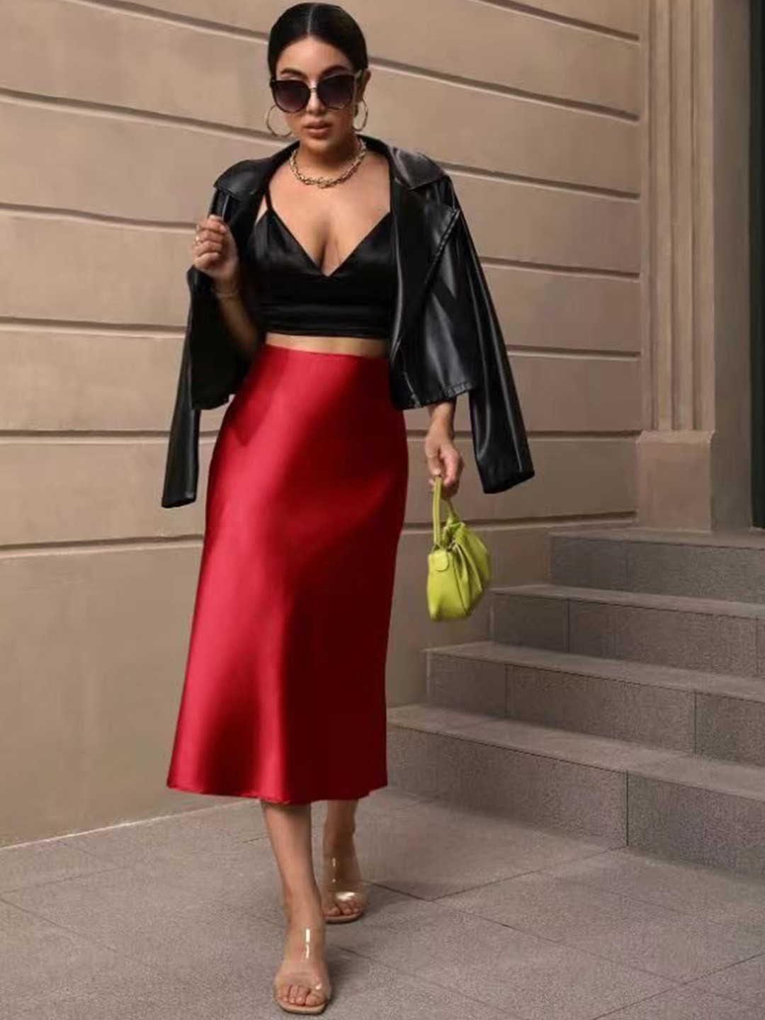 

StyleCast A-Line Solid Knee Length Satin Skirt, Red
