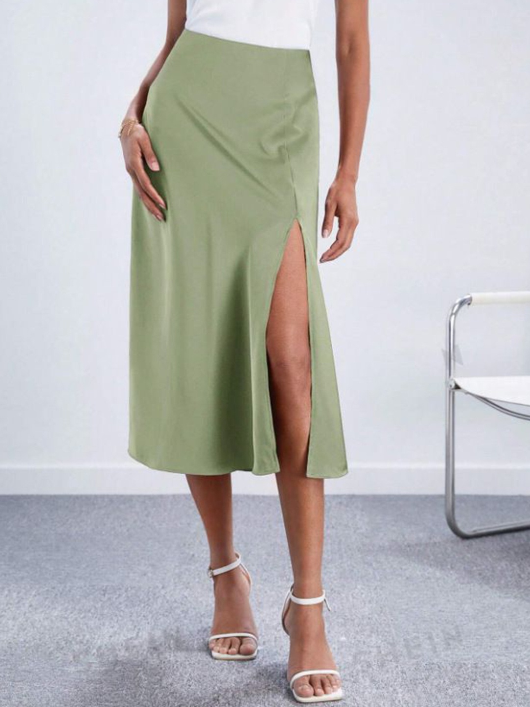 

StyleCast Women Satin A-Line Midi Skirt, Green