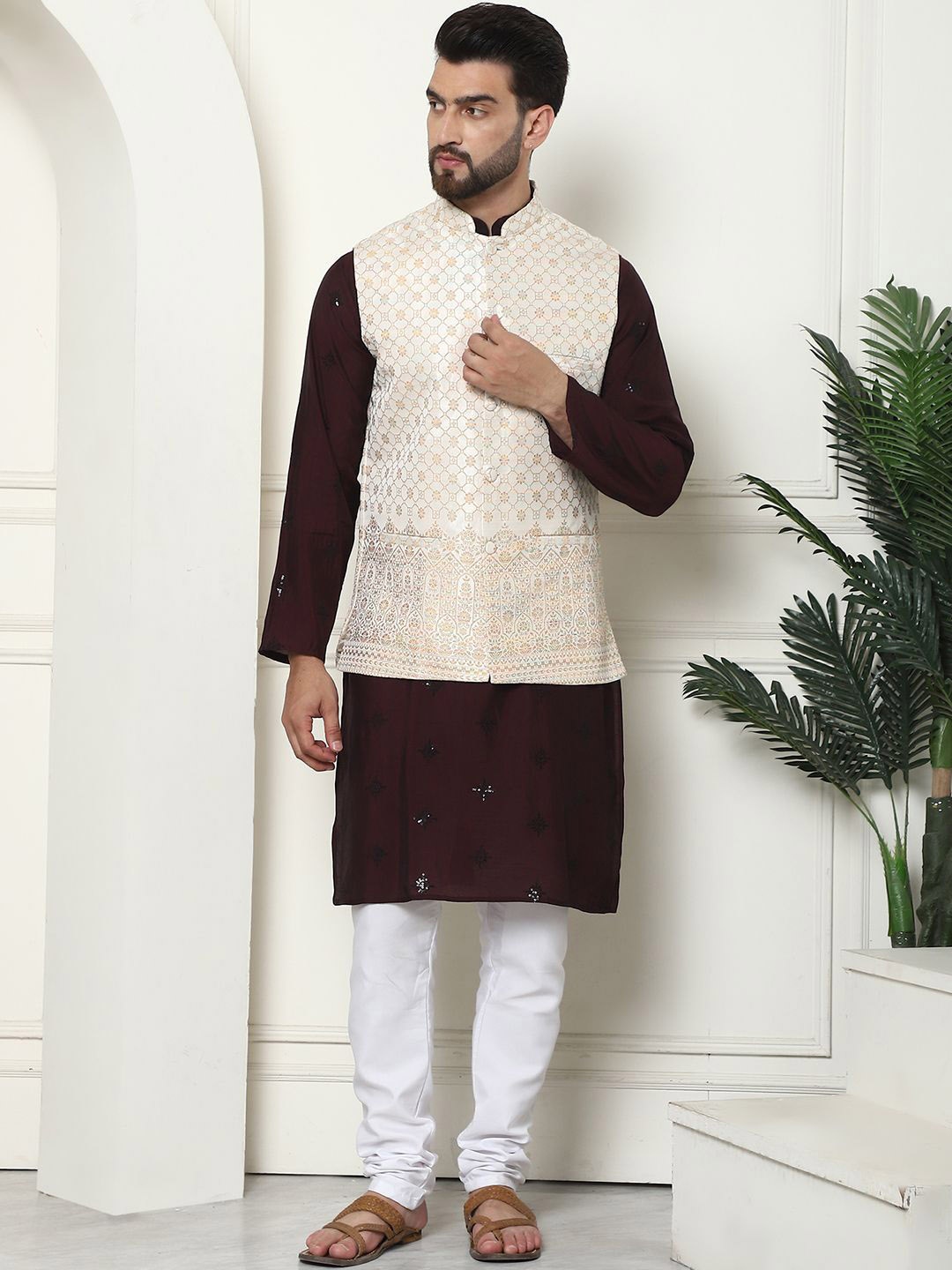 

SOJANYA Geometric Embroidered Thread Work Cotton Silk Kurta With Churidar & Nehru Jacket, Purple