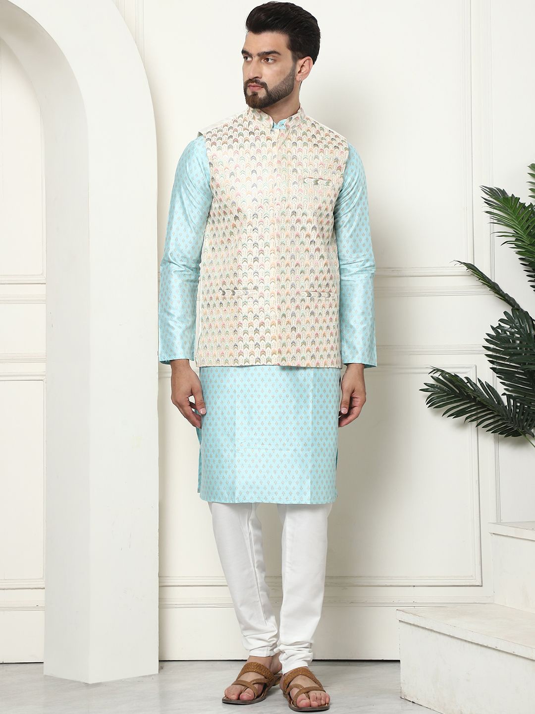 

SOJANYA Ethnic Motifs Printed Regular Kurta with Churidar & Nehru Jacket, Turquoise blue