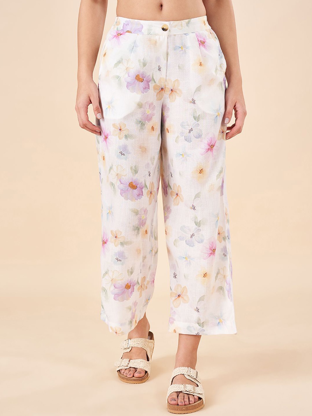 

AKKRITI BY PANTALOONS Women Floral Printed Trousers, White