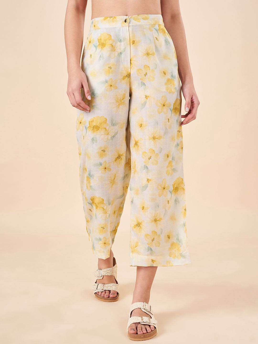 

AKKRITI BY PANTALOONS Women Floral Printed Trousers, Beige
