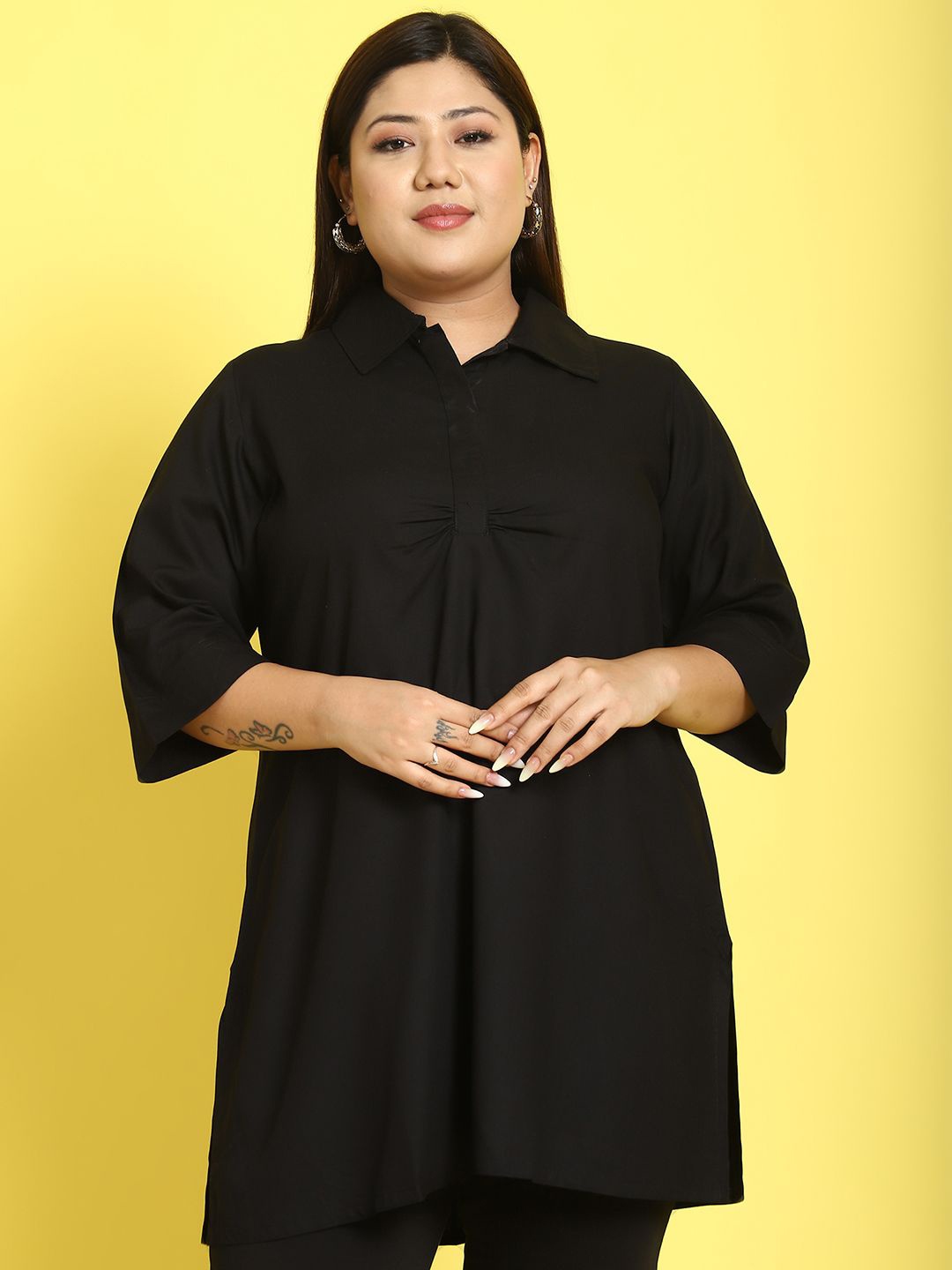

theRebelinme Solid Shirt Style Longline Top, Black