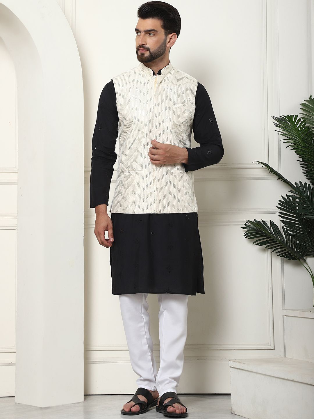 

SOJANYA Geometric Embroidered Sequinned Cotton Silk Kurta With Churidar & Nehru Jacket, Black