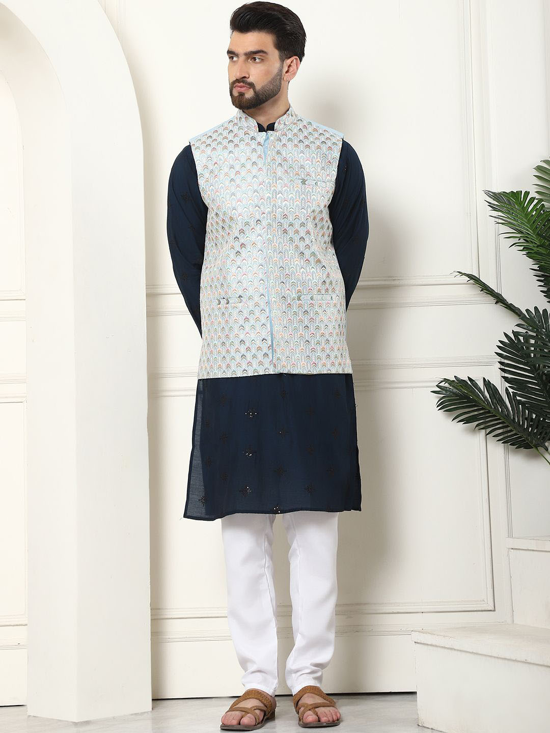 

SOJANYA Floral Embroidered Sequinned Cotton Silk Kurta With Churidar & Nehru Jacket, Teal