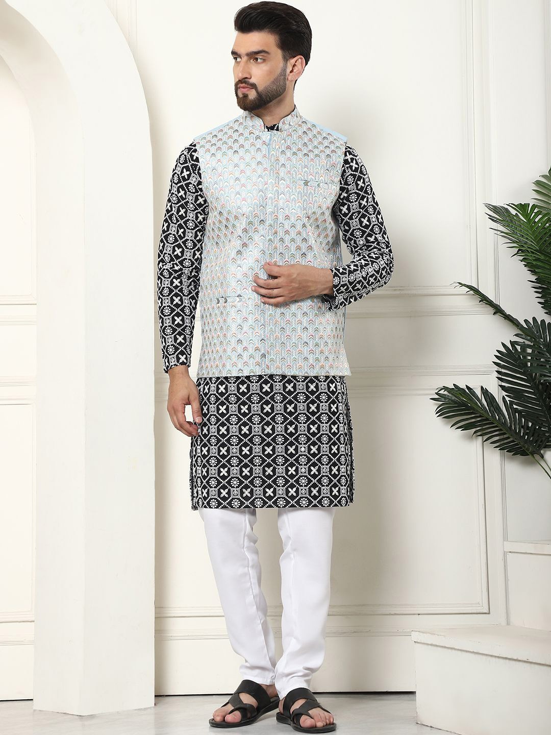

SOJANYA Embroidered Thread Work Cotton Silk Kurta With Churidar & Nehru Jacket, Black