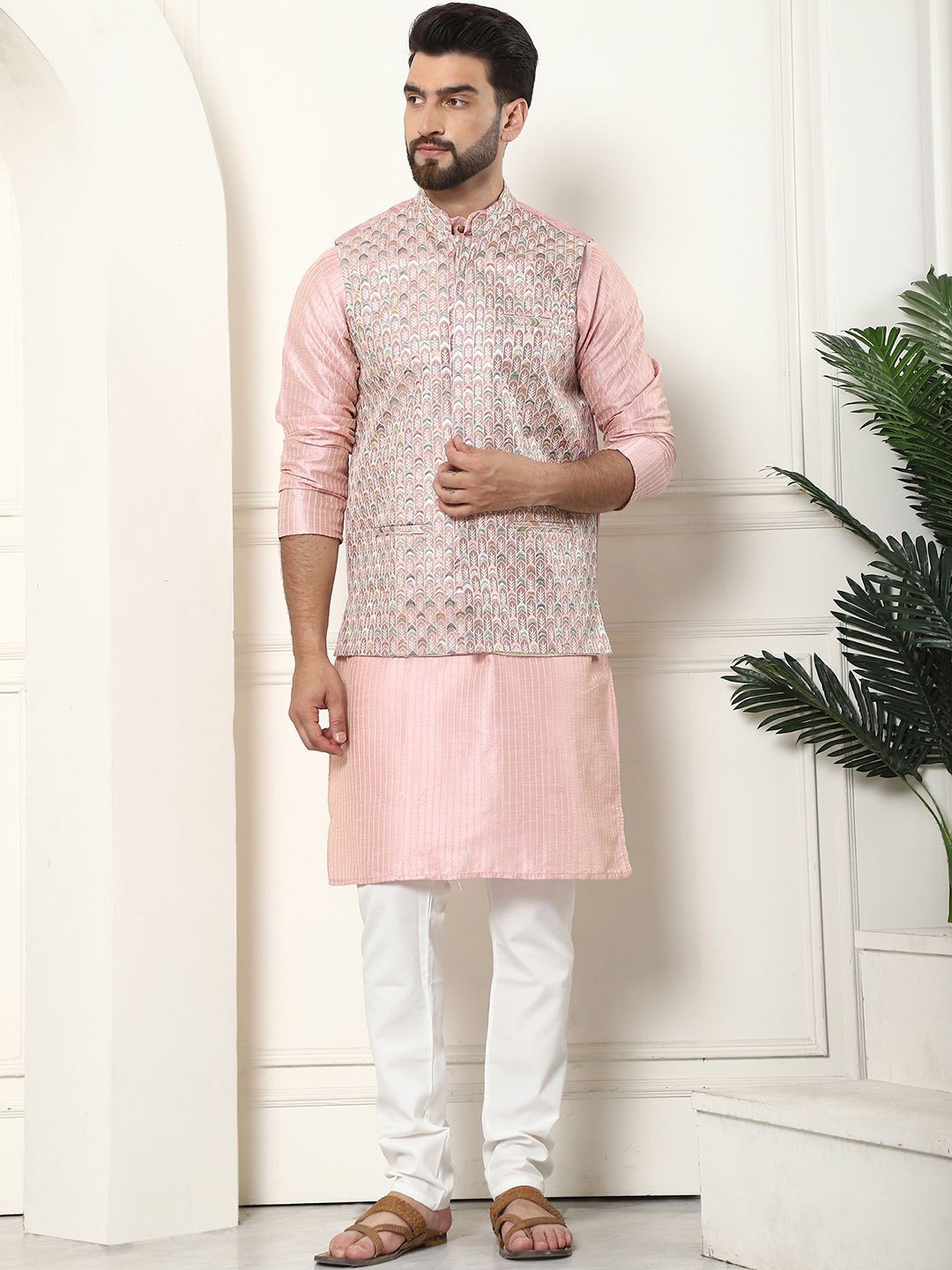 

SOJANYA Striped Thread Work Kurta With Churidar & Embroidered Nehru Jacket, Pink