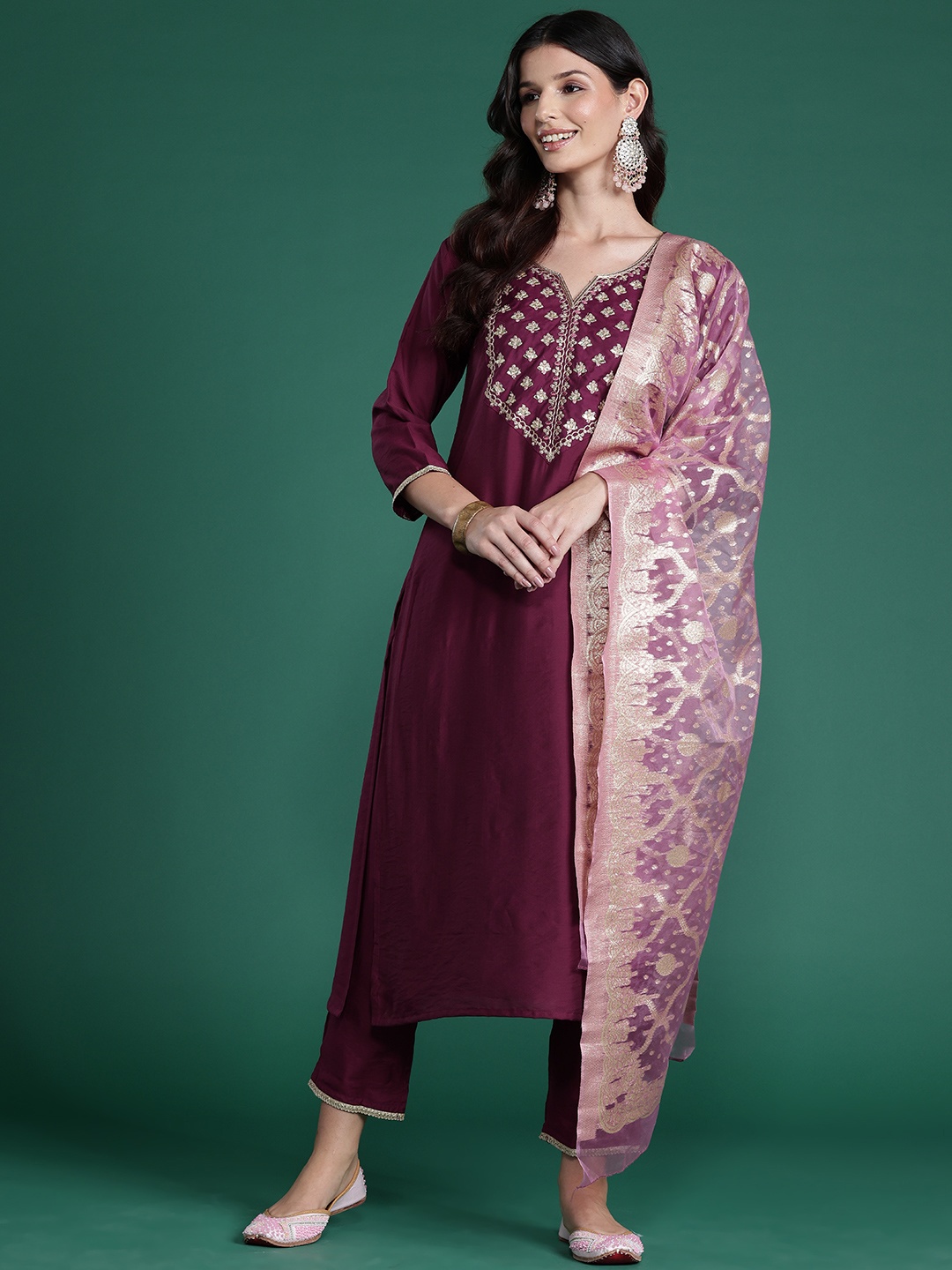 Indo Era Plus Size Ethnic Motifs Embroidered Regular Gotta Patti Liva Kurta Set, Purple