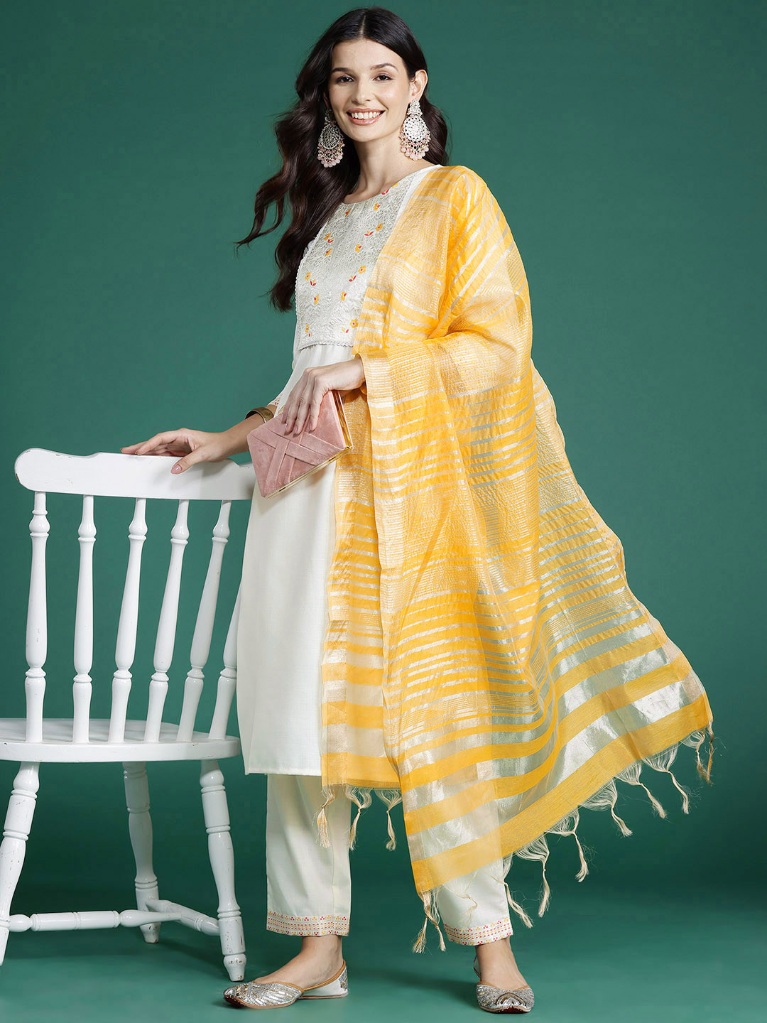 

Indo Era Women Floral Yoke Design Pure Cotton Kurta with Trousers & Dupatta, White