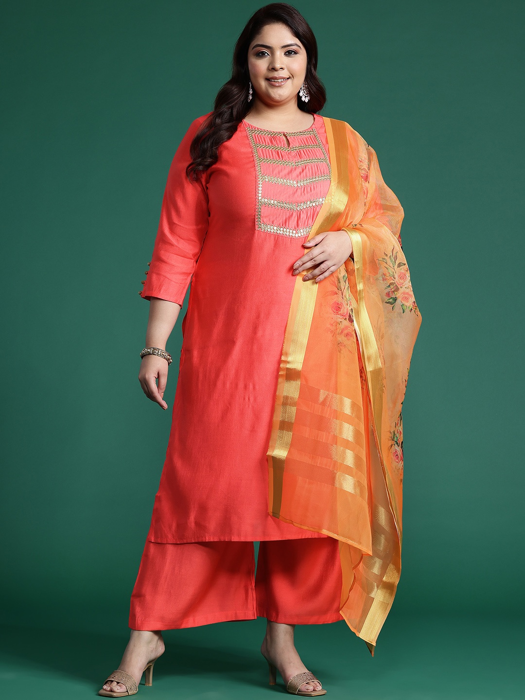 

Indo Era Plus Size Yoke Design Sequinned Liva Kurta With Palazzos & Dupatta, Pink