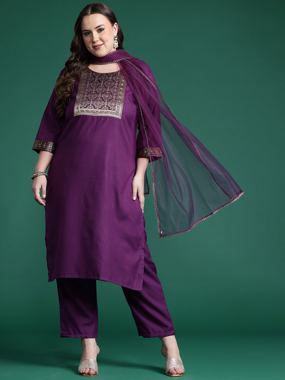 

Indo Era Plus Size Yoke Design Zari Pure Cotton Kurta With Trousers & Dupatta, Purple