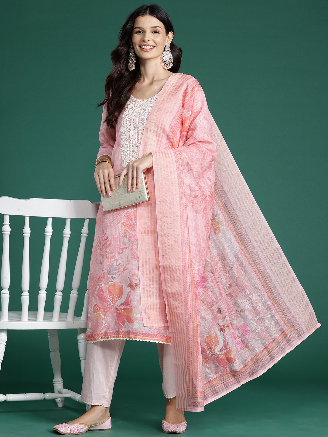 

Indo Era Women Floral Printed Regular Thread Work Kurta with Trousers & With Dupatta, Pink