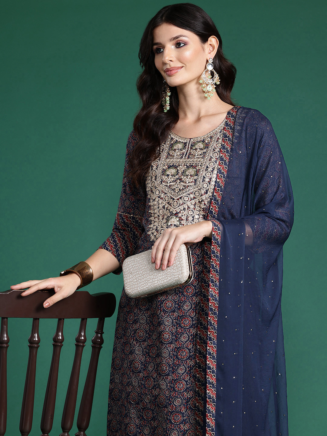 

Indo Era Plus Size Ethnic Motifs Printed Sequinned Pure Cotton Kurta Set, Navy blue