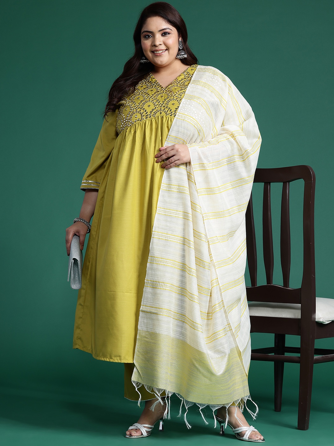 

Indo Era Plus Size Embroidered Empire Mirror Work Kurta With Trousers & Dupatta, Olive