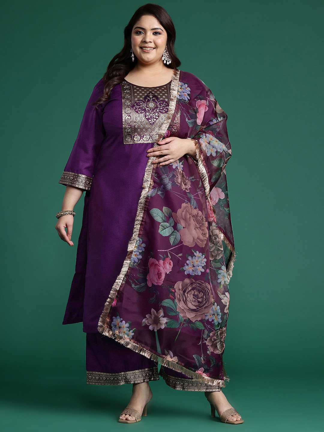 

Indo Era Plus Size Yoke Design Zari Pure Cotton Kurta With Palazzos & Dupatta, Purple