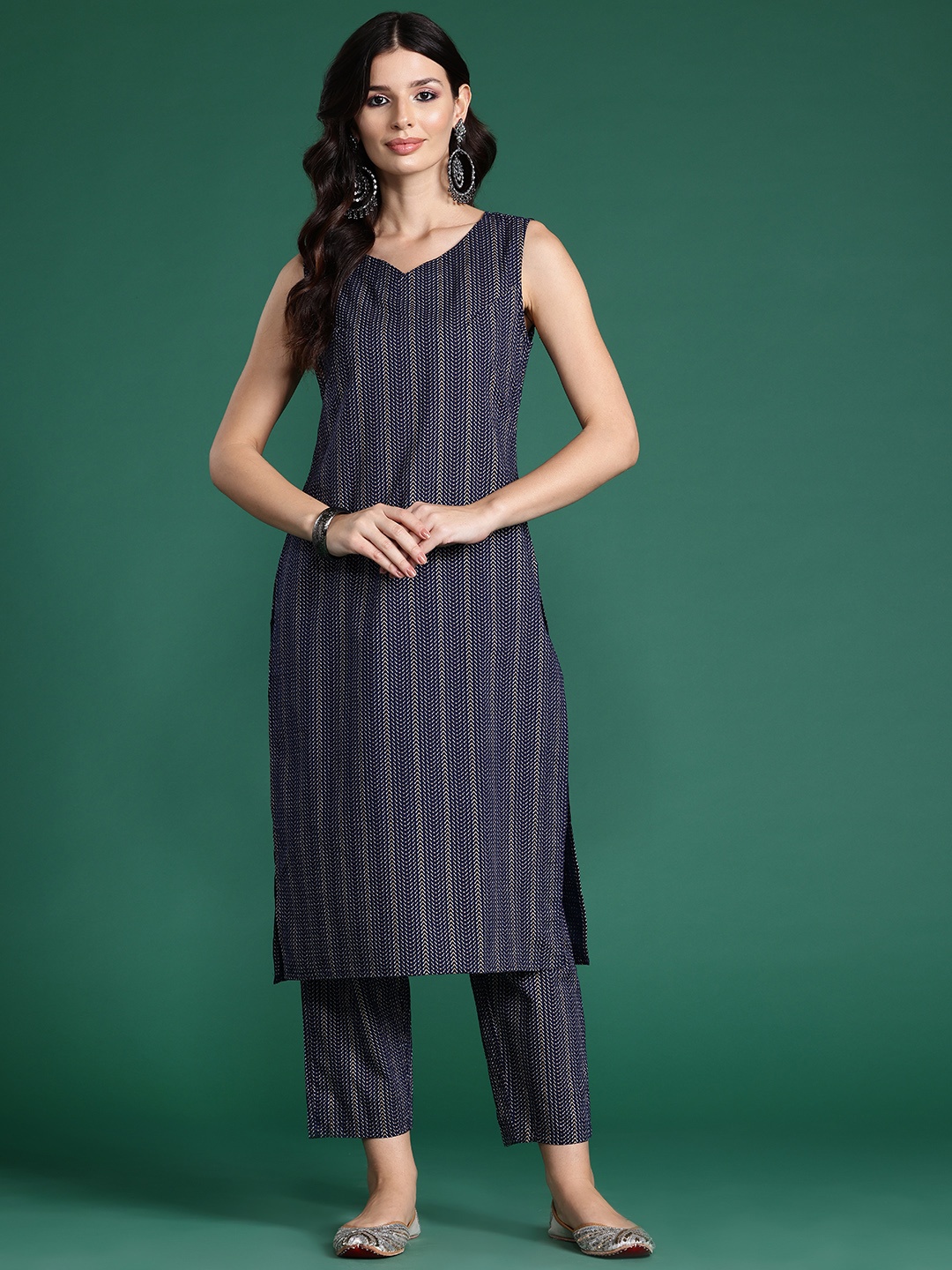 

Indo Era Plus Size Printed Pure Cotton Kurta with Trousers, Navy blue