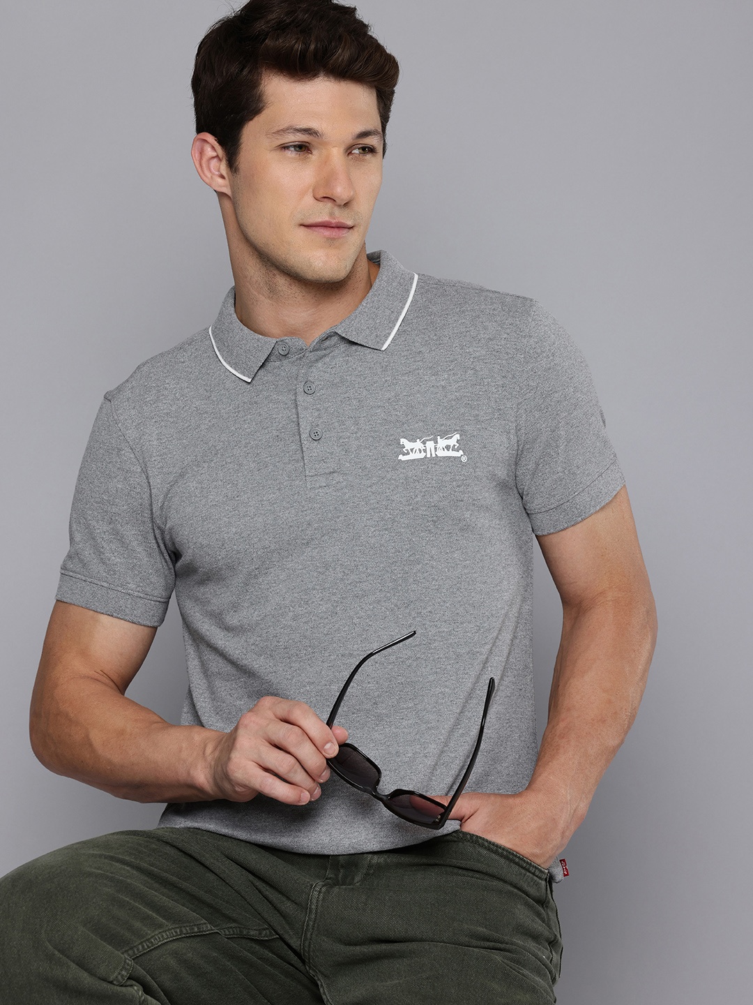 

Levis Slim Fit Polo Collar T-shirt with Melange Effect, Grey melange