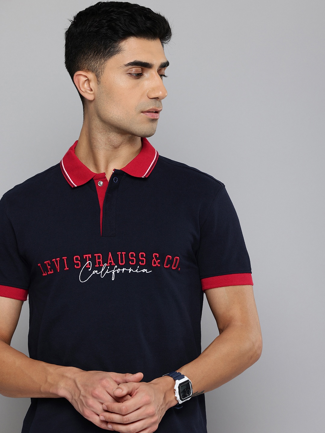 

Levis Typography Embroidered Polo Collar Pure Cotton Slim Fit T-shirt, Navy blue