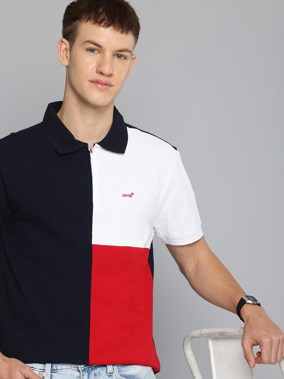

Levis Colourblocked Polo Collar Pure Cotton Slim Fit T-shirt, Navy blue