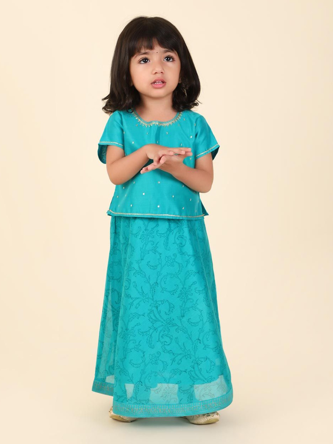 

Fabindia Girls Printed Sequined Cotton Ready to Wear Lehenga & Blouse, Teal