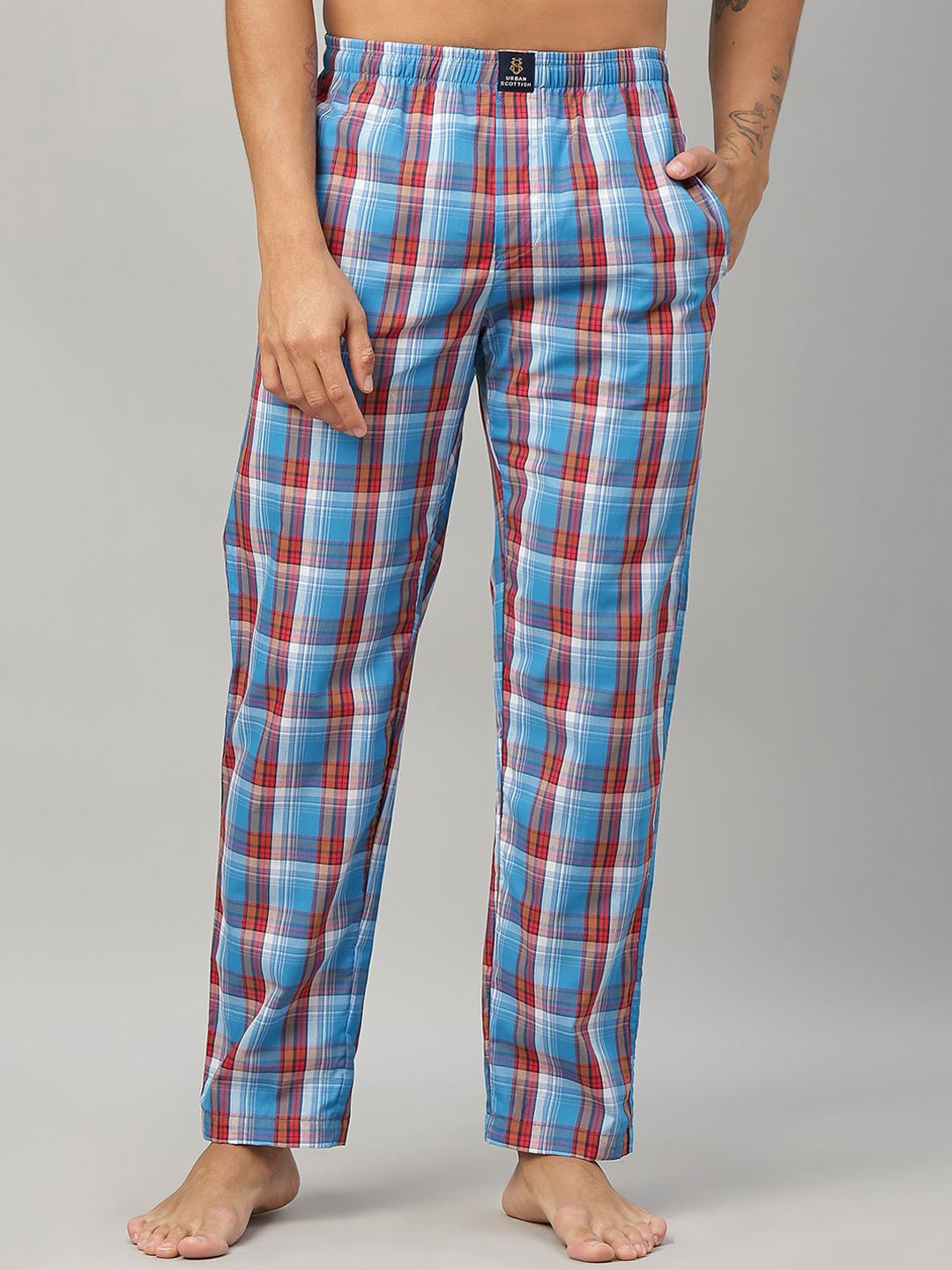

URBAN SCOTTISH Men Checked Cotton Lounge Pants, Blue