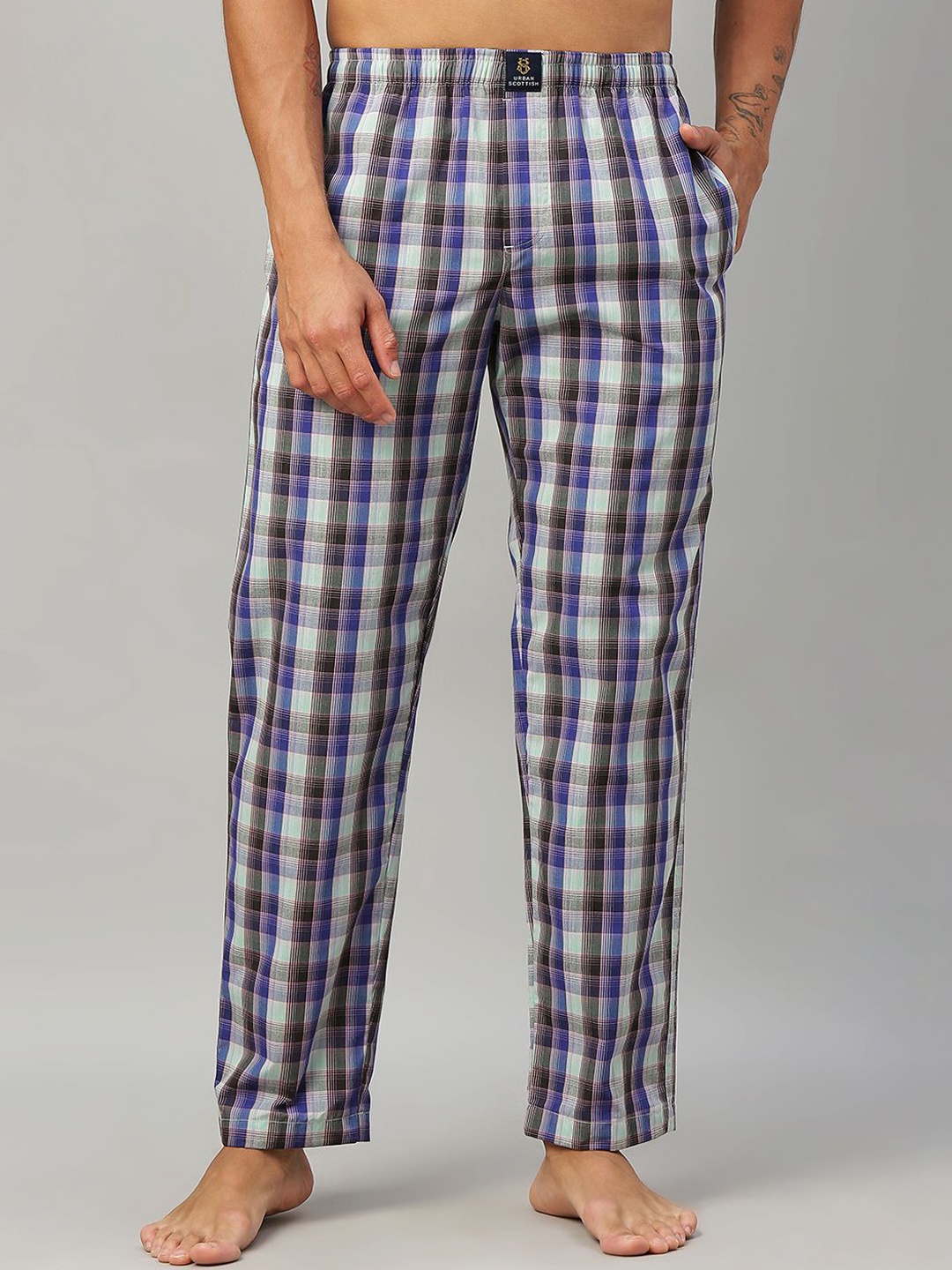 

URBAN SCOTTISH Men Checked Pure Cotton Lounge Pant, Blue
