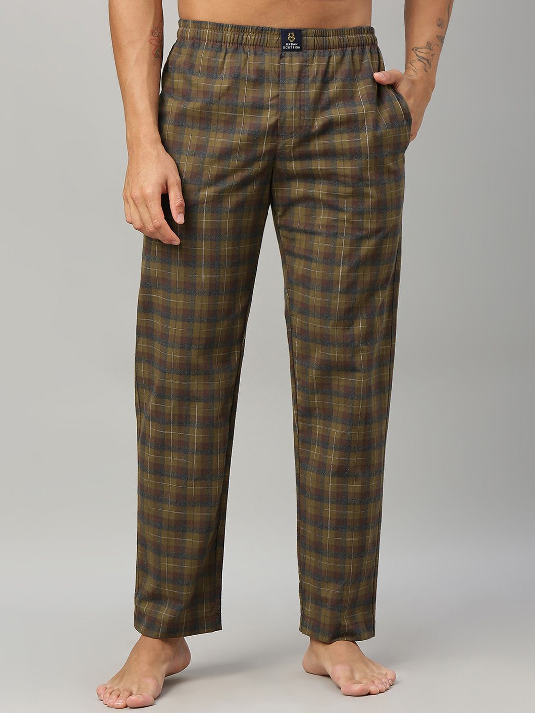 

URBAN SCOTTISH Men Checked Pure Cotton Lounge Pant, Brown