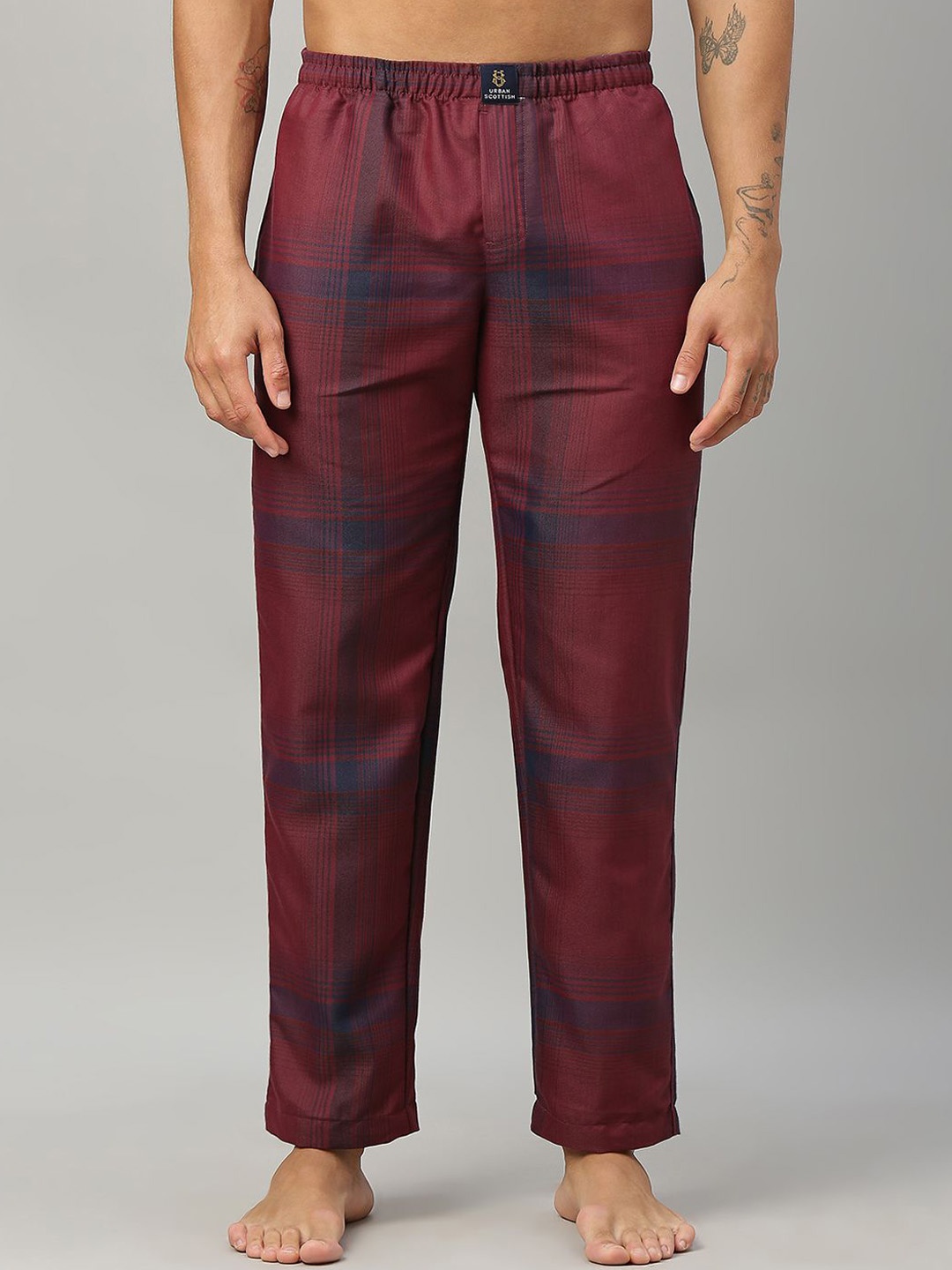 

URBAN SCOTTISH Men Checked Pure Cotton Lounge Pant, Maroon