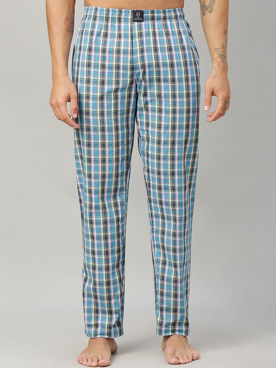 

URBAN SCOTTISH Men Checked Pure Cotton Lounge Pant, Blue