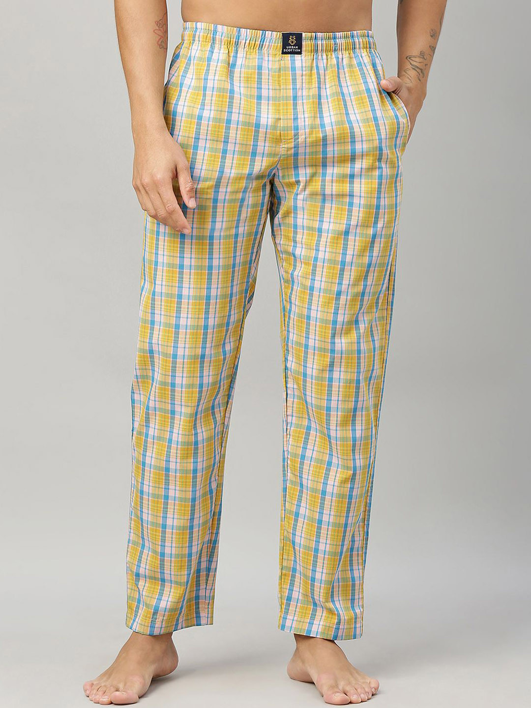 

URBAN SCOTTISH Men Checked Cotton Lounge Pants, Yellow