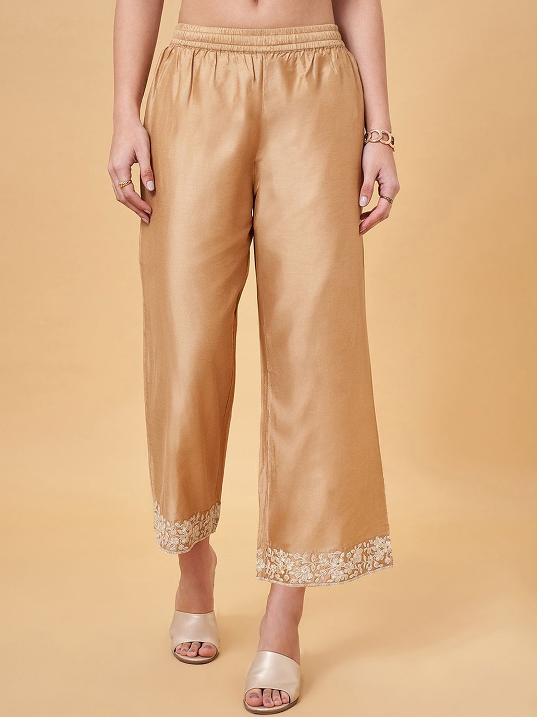 

RANGMANCH BY PANTALOONS Women Straight Fit Trousers, Gold