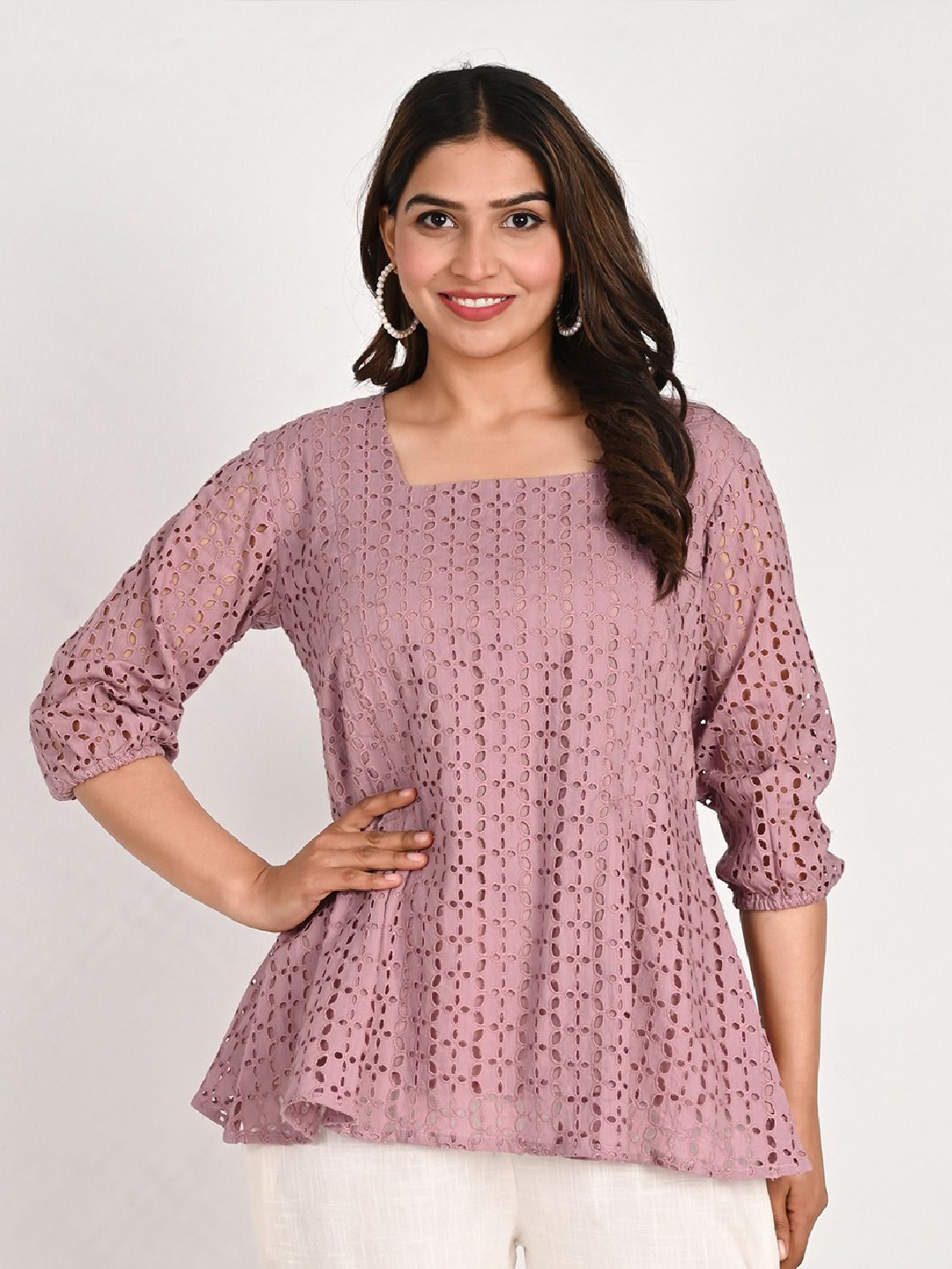 

SHOOLIN Puff Sleeve Cotton Schiffli Top, Purple