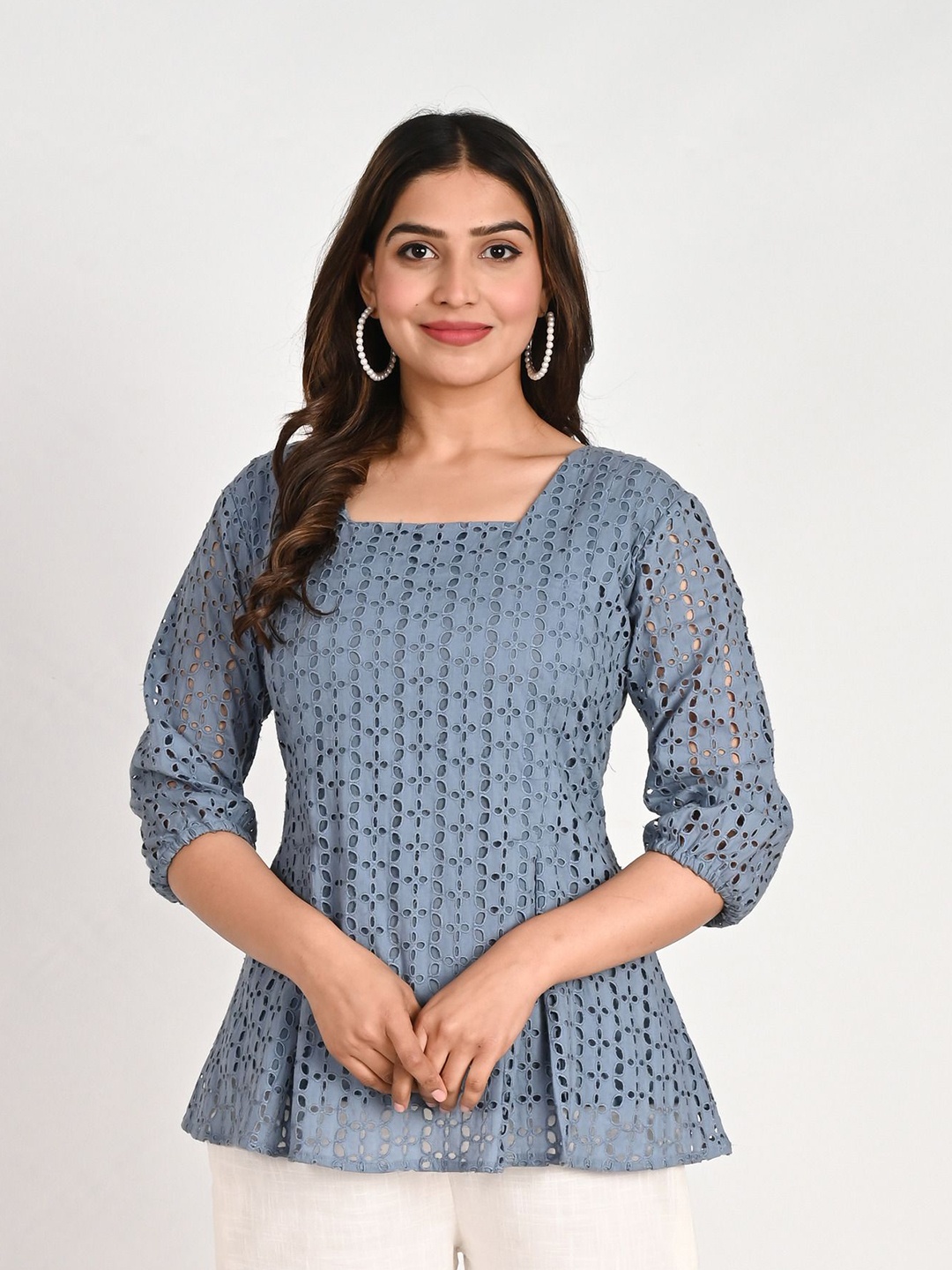 

SHOOLIN Cotton Schiffli Crop Top, Blue