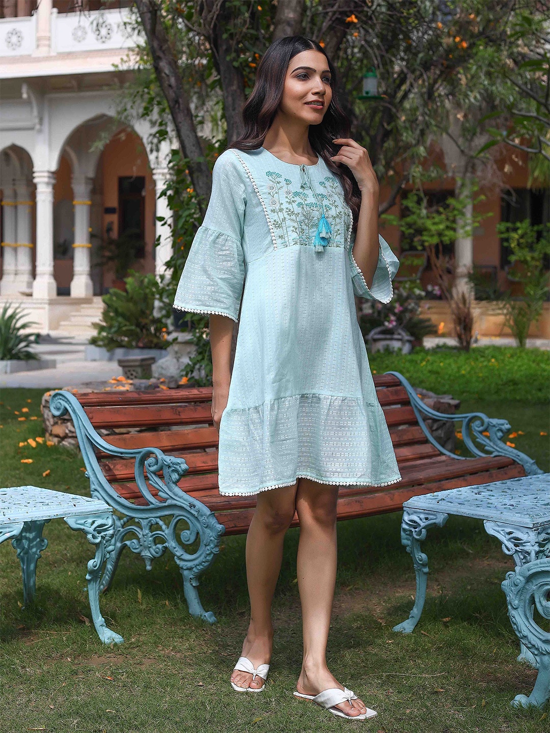 

SHOOLIN Floral Print Fringed A-Line Dress, Blue