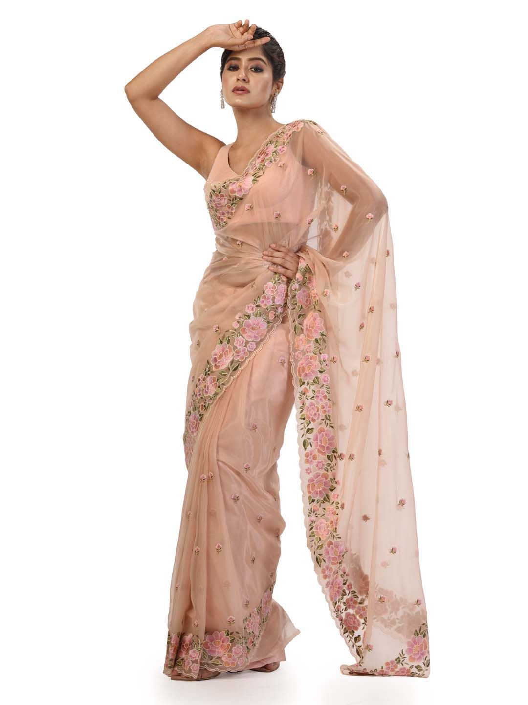 

KAVVYA Ethnic Embroidered Embellished Saree, Peach