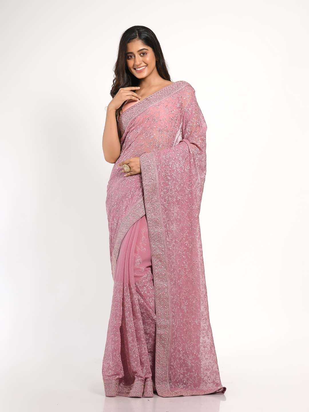 

KAVVYA Ethnic Embroidered Embellished Saree, Pink