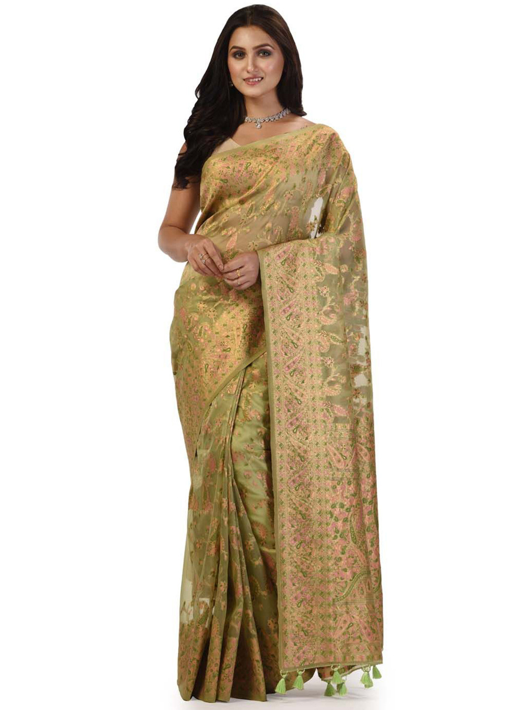 

KAVVYA Ethnic Motif Zari Woven Banarasi Saree, Green