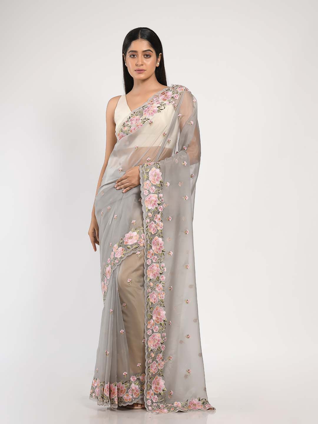 

KAVVYA Floral Embroidered Saree, Grey