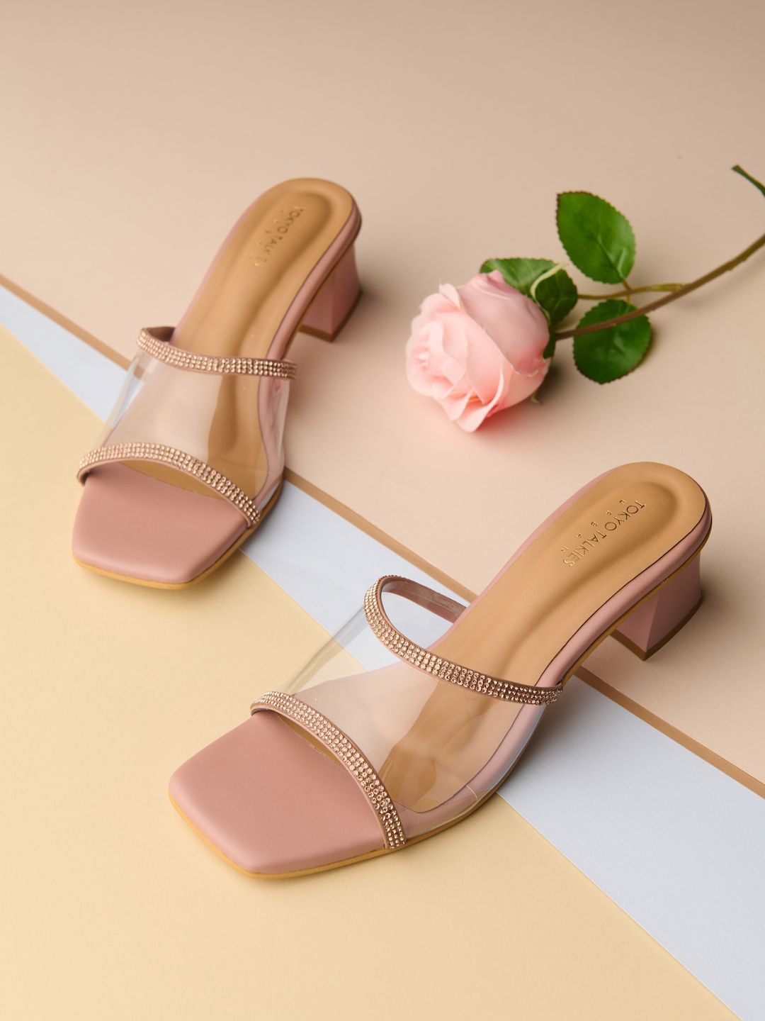 

Tokyo Talkies Embellished Square Toe Block Heels, Peach