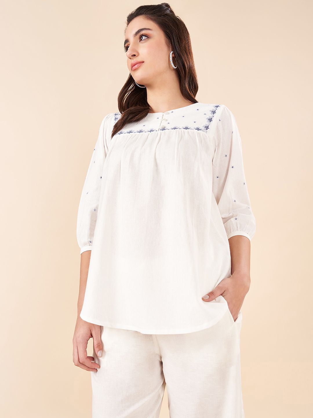 

AKKRITI BY PANTALOONS Three-Quarter Sleeves Embroidered Tunic, Off white